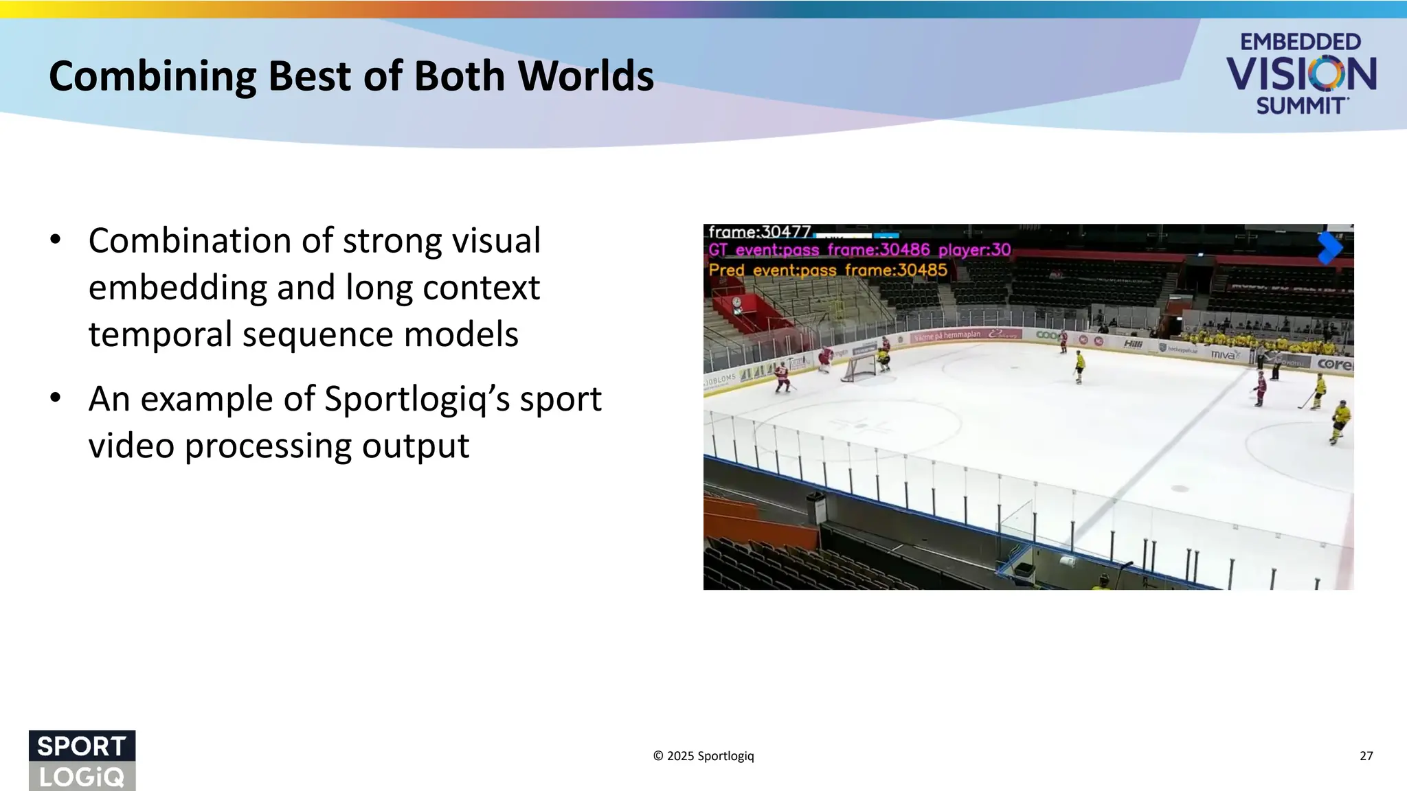 Combining Best of Both Worlds
• Combination of strong visual
embedding and long context
temporal sequence models
• An example of Sportlogiq’s sport
video processing output
© 2025 Sportlogiq 27
 