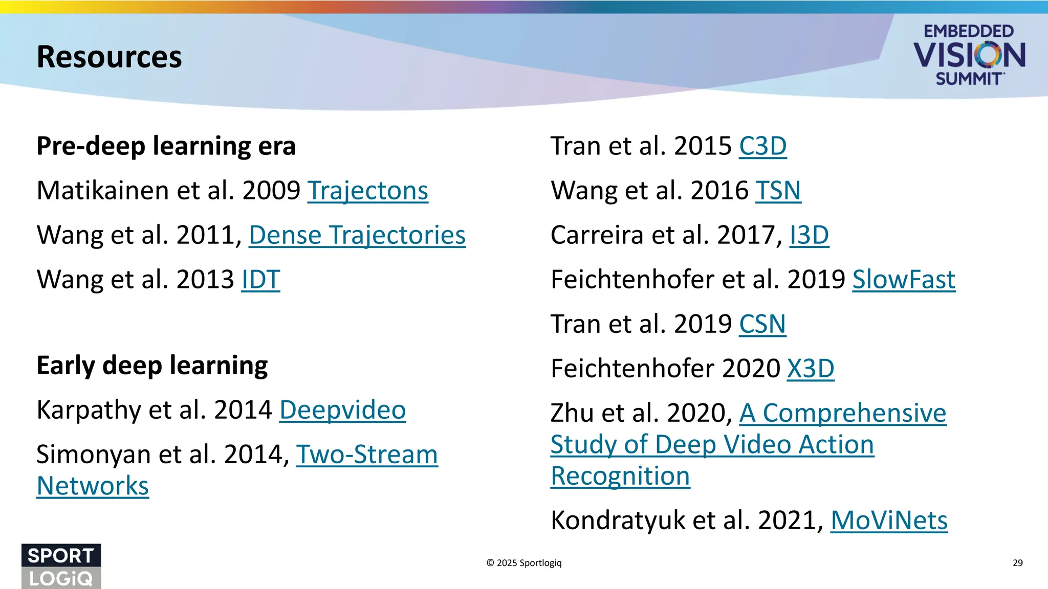 Pre-deep learning era
Matikainen et al. 2009 Trajectons
Wang et al. 2011, Dense Trajectories
Wang et al. 2013 IDT
Early deep learning
Karpathy et al. 2014 Deepvideo
Simonyan et al. 2014, Two-Stream
Networks
Tran et al. 2015 C3D
Wang et al. 2016 TSN
Carreira et al. 2017, I3D
Feichtenhofer et al. 2019 SlowFast
Tran et al. 2019 CSN
Feichtenhofer 2020 X3D
Zhu et al. 2020, A Comprehensive
Study of Deep Video Action
Recognition
Kondratyuk et al. 2021, MoViNets
© 2025 Sportlogiq 29
Resources
 