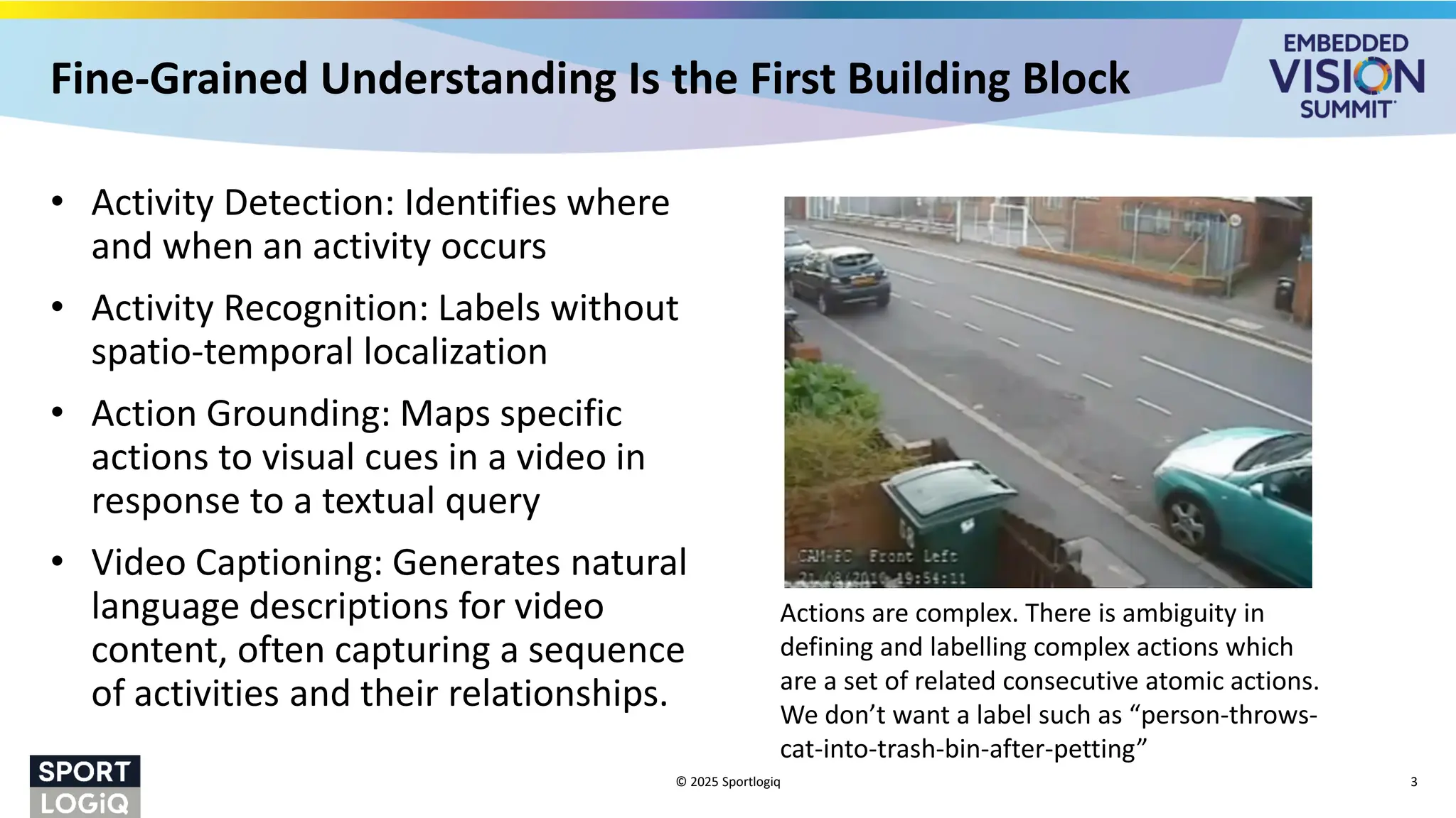 Fine-Grained Understanding Is the First Building Block
• Activity Detection: Identifies where
and when an activity occurs
• Activity Recognition: Labels without
spatio-temporal localization
• Action Grounding: Maps specific
actions to visual cues in a video in
response to a textual query
• Video Captioning: Generates natural
language descriptions for video
content, often capturing a sequence
of activities and their relationships.
© 2025 Sportlogiq 3
Actions are complex. There is ambiguity in
defining and labelling complex actions which
are a set of related consecutive atomic actions.
We don’t want a label such as “person-throws-
cat-into-trash-bin-after-petting”
 