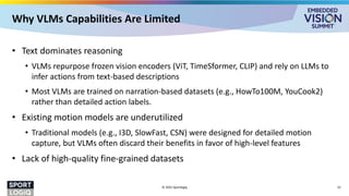 Why VLMs Capabilities Are Limited
• Text dominates reasoning
• VLMs repurpose frozen vision encoders (ViT, TimeSformer, CLIP) and rely on LLMs to
infer actions from text-based descriptions
• Most VLMs are trained on narration-based datasets (e.g., HowTo100M, YouCook2)
rather than detailed action labels.
• Existing motion models are underutilized
• Traditional models (e.g., I3D, SlowFast, CSN) were designed for detailed motion
capture, but VLMs often discard their benefits in favor of high-level features
• Lack of high-quality fine-grained datasets
© 2025 Sportlogiq 23
 