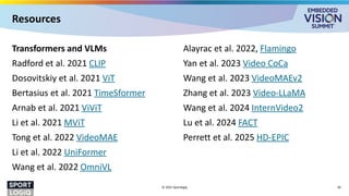Transformers and VLMs
Radford et al. 2021 CLIP
Dosovitskiy et al. 2021 ViT
Bertasius et al. 2021 TimeSformer
Arnab et al. 2021 ViViT
Li et al. 2021 MViT
Tong et al. 2022 VideoMAE
Li et al. 2022 UniFormer
Wang et al. 2022 OmniVL
Alayrac et al. 2022, Flamingo
Yan et al. 2023 Video CoCa
Wang et al. 2023 VideoMAEv2
Zhang et al. 2023 Video-LLaMA
Wang et al. 2024 InternVideo2
Lu et al. 2024 FACT
Perrett et al. 2025 HD-EPIC
© 2025 Sportlogiq 30
Resources
 