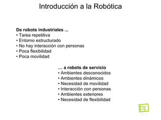 De robots industriales ... •  Tarea repetitiva •  Entorno estructurado •  No hay interacción con personas •  Poca flexibilidad •  Poca movilidad …  a robots de servicio •  Ambientes desconocidos •  Ambientes dinámicos •  Necesidad de movilidad •  Interacción con personas •  Ambientes exteriores •  Necesidad de flexibilidad Introducción a la Robótica 