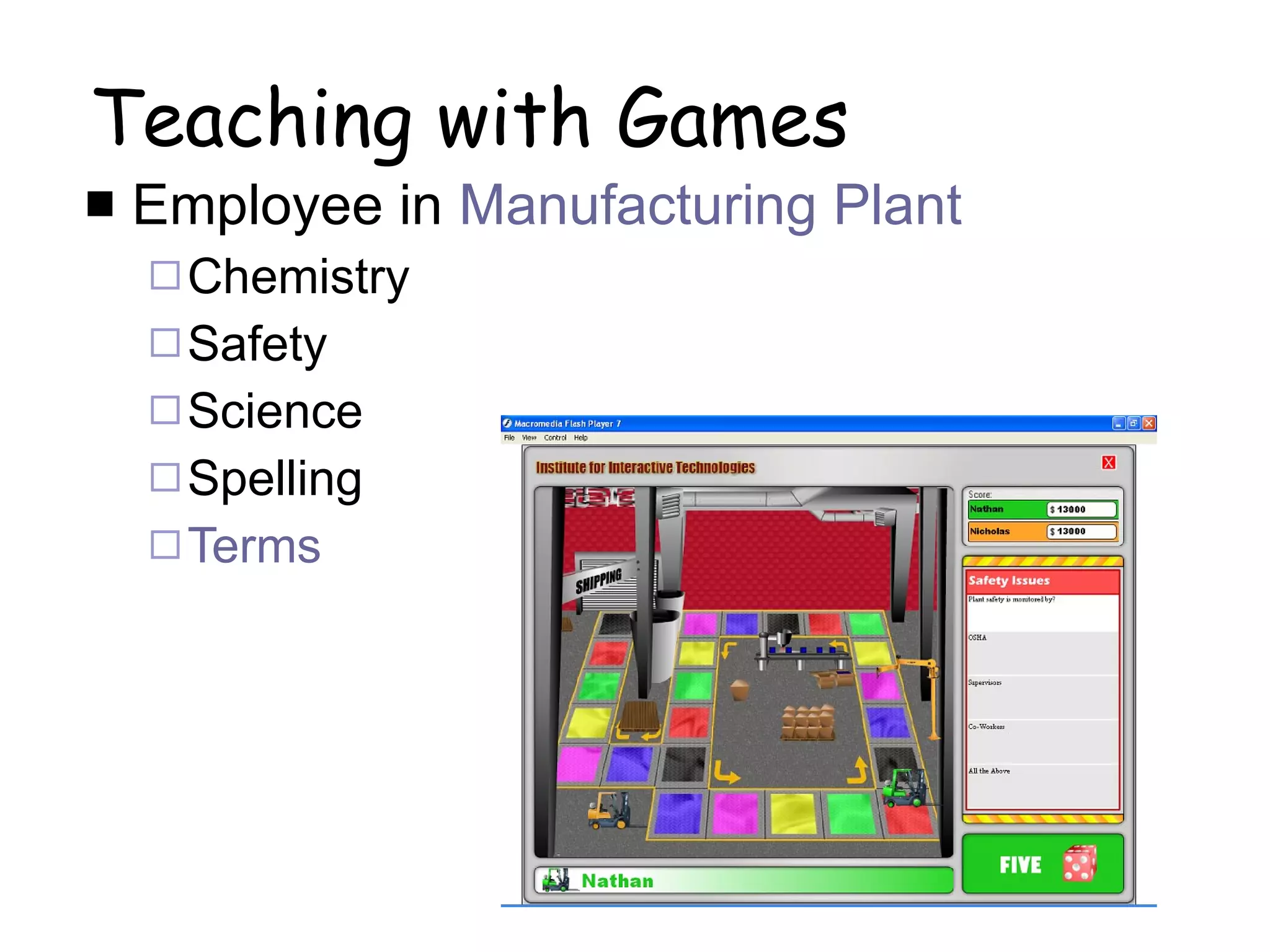 Teaching with Games Employee in  Manufacturing Plant Chemistry Safety Science Spelling Terms 