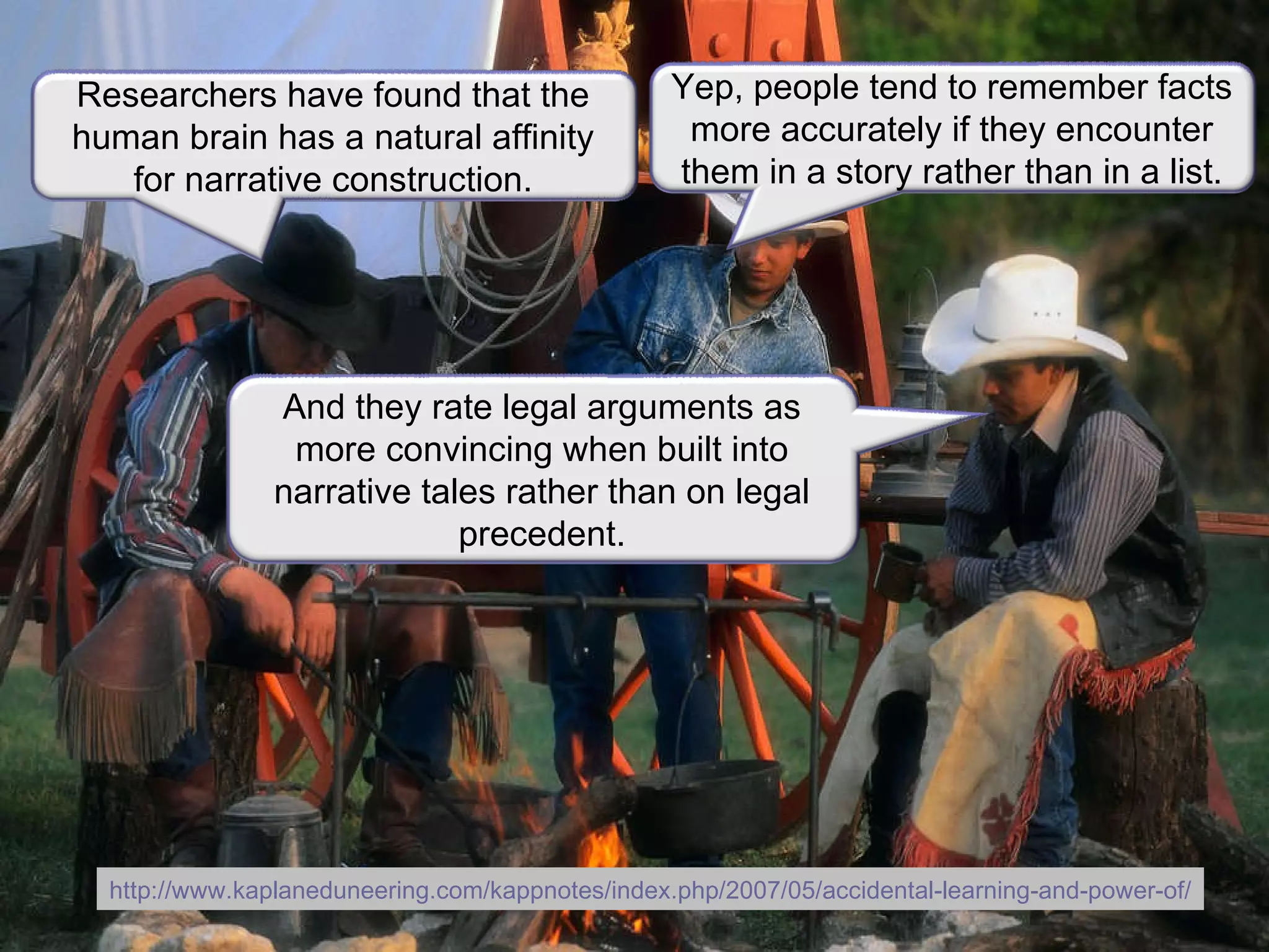http://www.kaplaneduneering.com/kappnotes/index.php/2007/05/accidental-learning-and-power-of/ Researchers have found that the human brain has a natural affinity for narrative construction. Yep, people tend to remember facts more accurately if they encounter them in a story rather than in a list. And they rate legal arguments as more convincing when built into narrative tales rather than on legal precedent. 