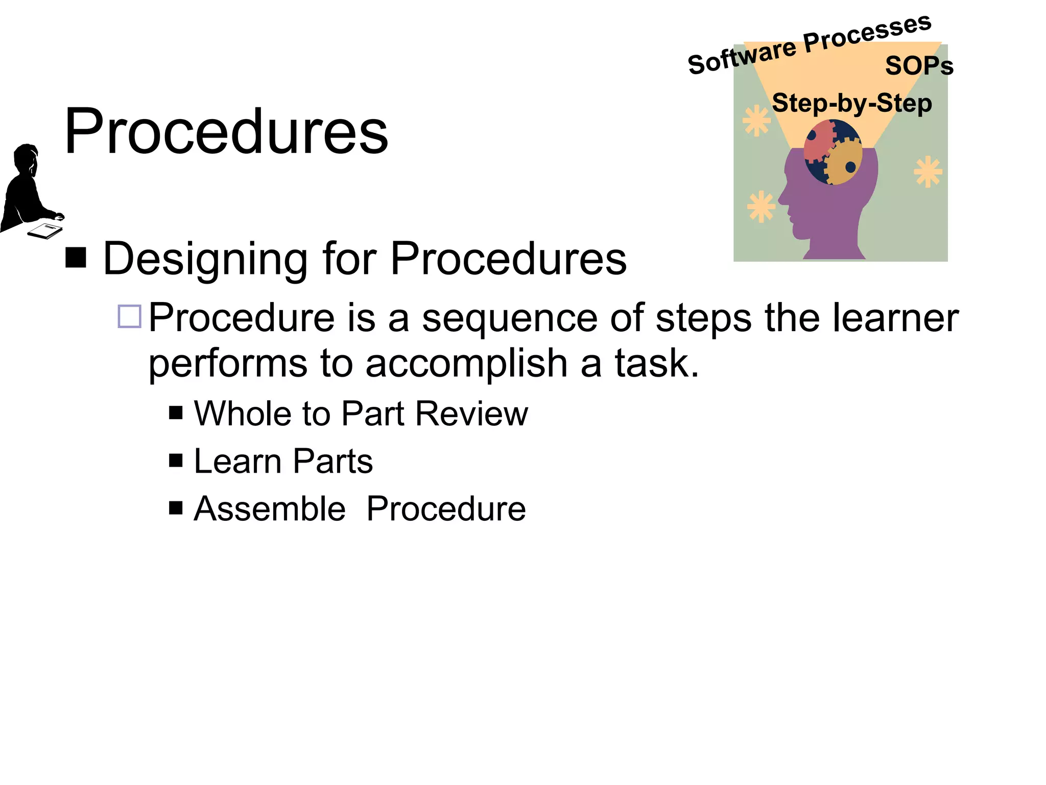 Procedures Designing for Procedures Procedure is a sequence of steps the learner performs to accomplish a task. Whole to Part Review Learn Parts Assemble  Procedure SOPs Software Processes Step-by-Step 