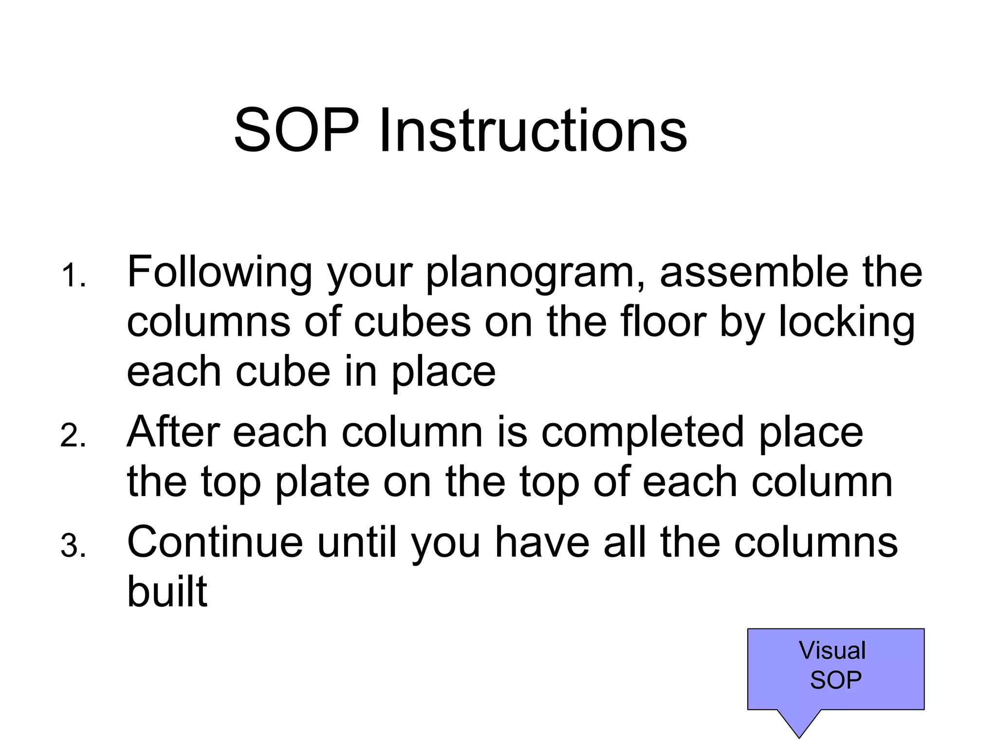 SOP Instructions Following your planogram, assemble the columns of cubes on the floor by locking each cube in place After each column is completed place the top plate on the top of each column Continue until you have all the columns built  Visual  SOP 