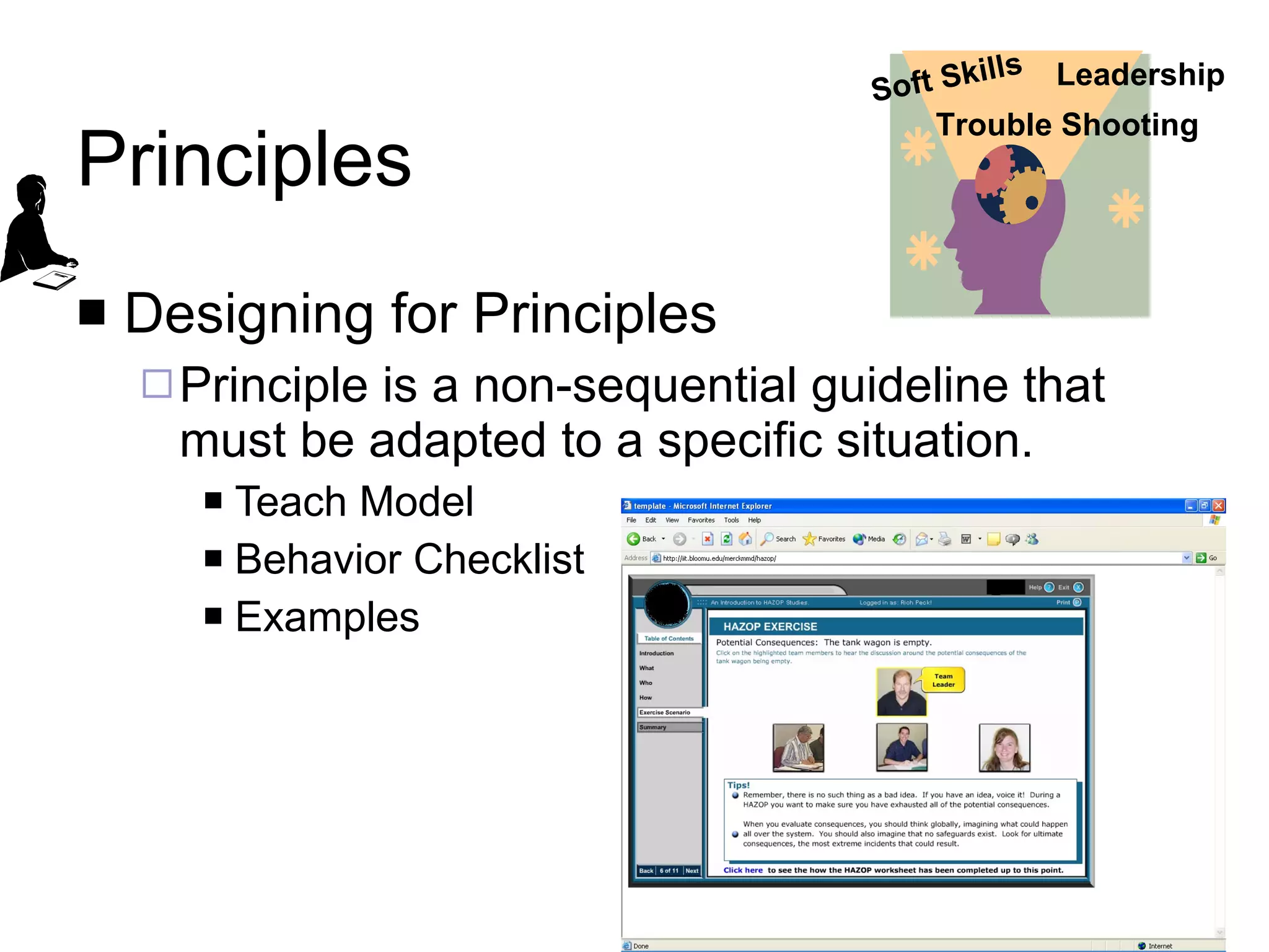 Principles Designing for Principles Principle is a non-sequential guideline that must be adapted to a specific situation.  Teach Model Behavior Checklist Examples Soft Skills Trouble Shooting Leadership 