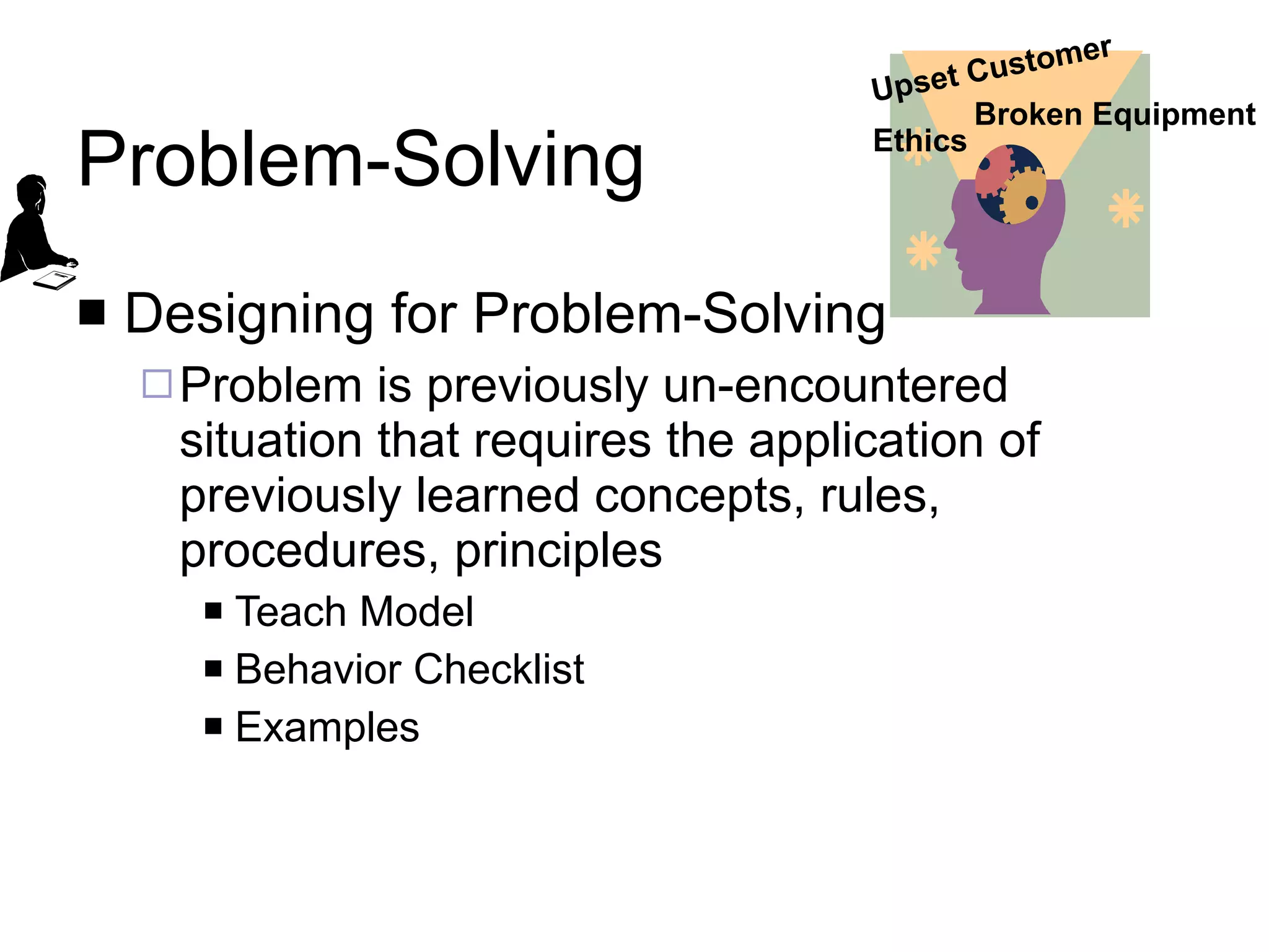 Problem-Solving Designing for Problem-Solving Problem is previously un-encountered situation that requires the application of previously learned concepts, rules, procedures, principles Teach Model Behavior Checklist Examples Upset Customer Ethics Broken Equipment 