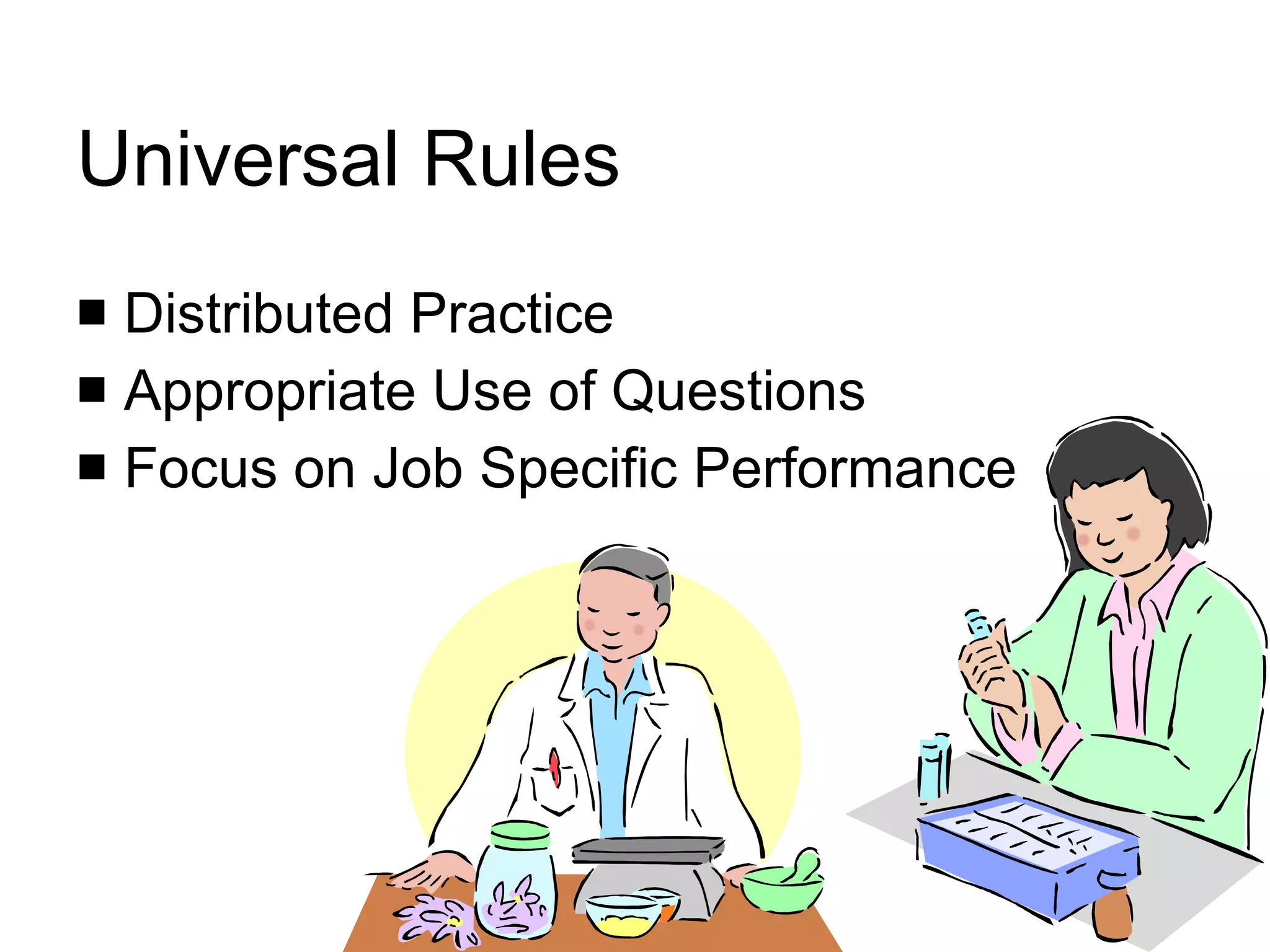 Universal Rules Distributed Practice Appropriate Use of Questions Focus on Job Specific Performance 