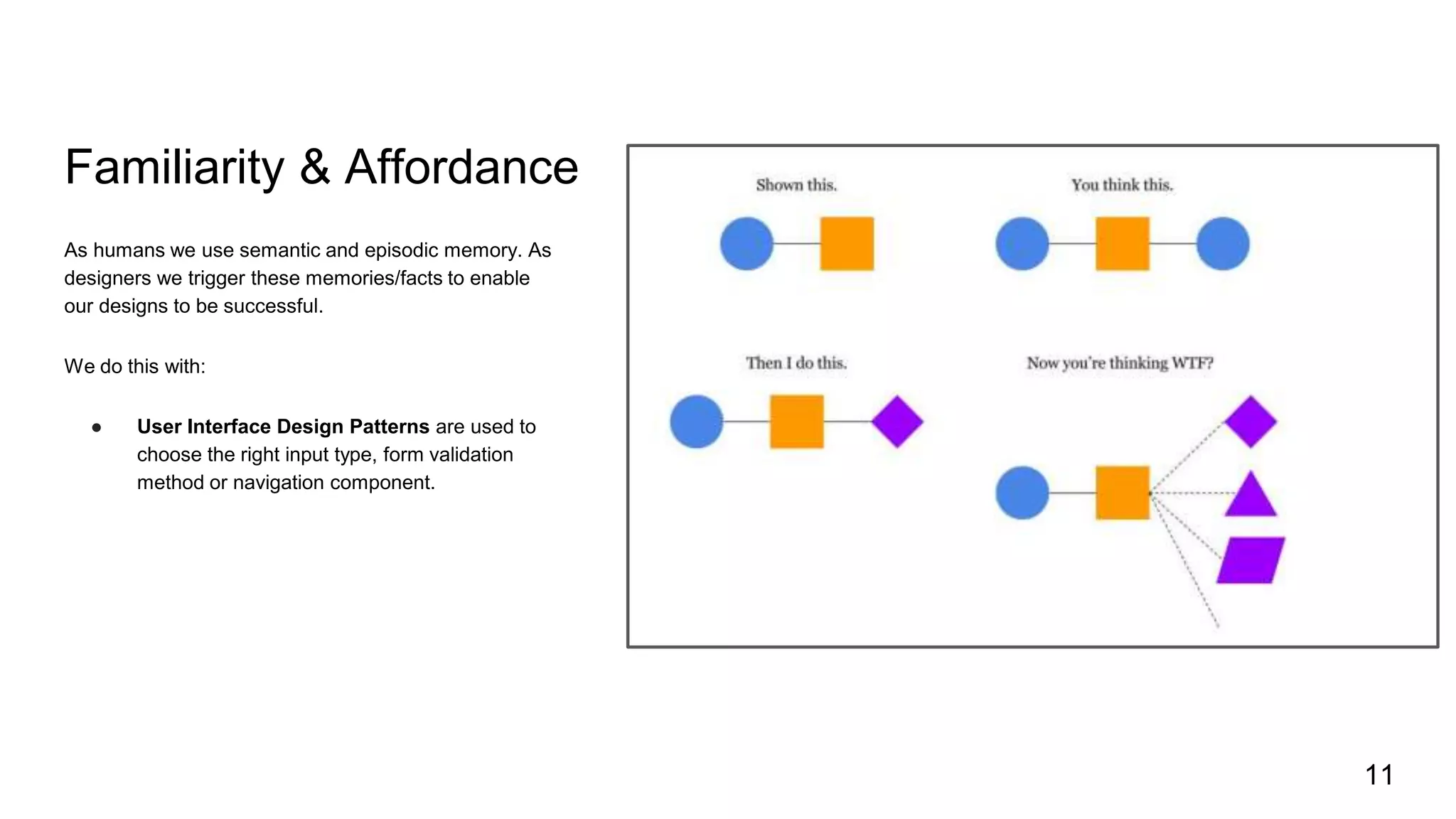 Familiarity & Affordance
As humans we use semantic and episodic memory. As
designers we trigger these memories/facts to enable
our designs to be successful.
We do this with:
● User Interface Design Patterns are used to
choose the right input type, form validation
method or navigation component.
11
 