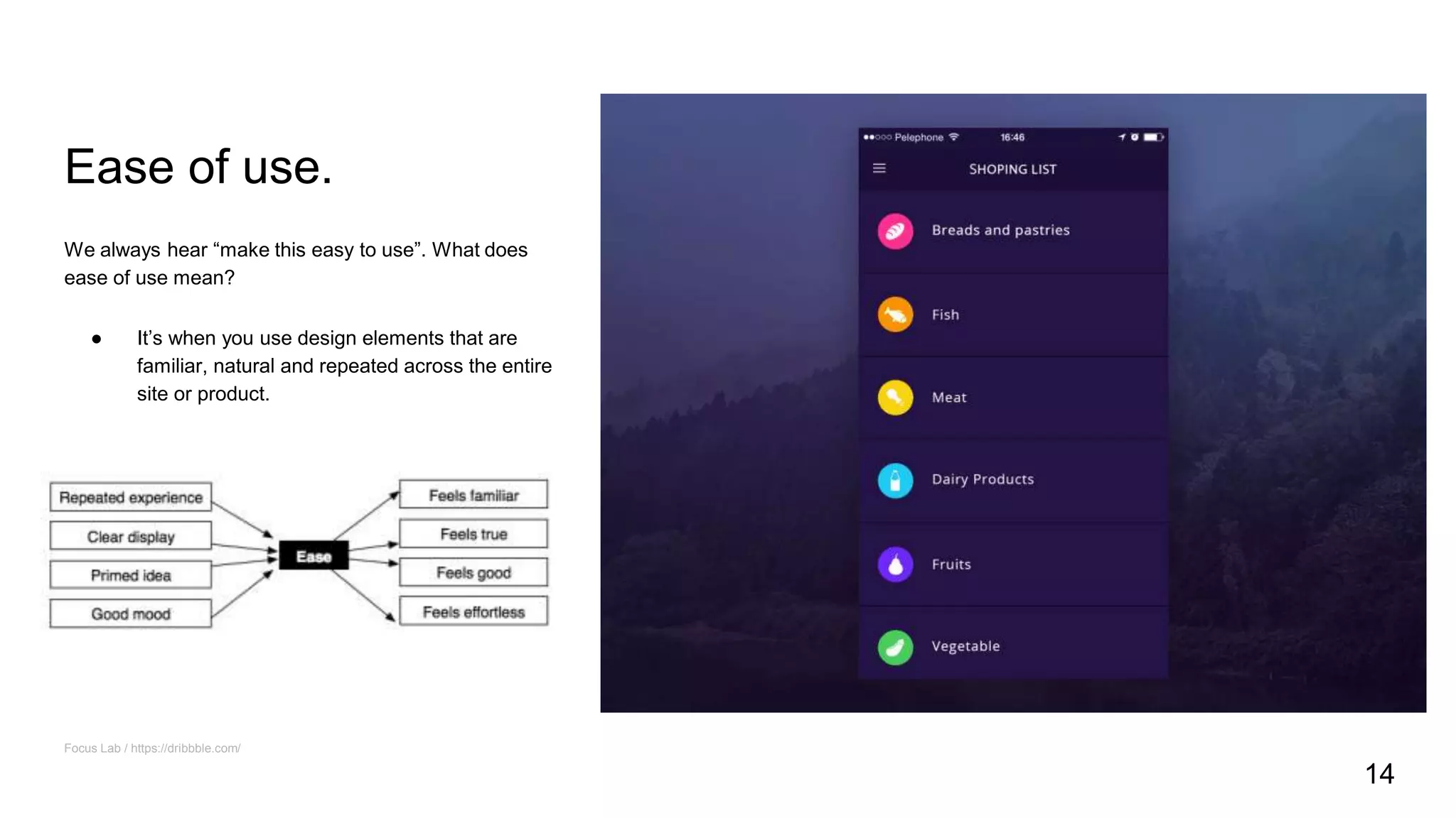 Ease of use.
We always hear “make this easy to use”. What does
ease of use mean?
● It’s when you use design elements that are
familiar, natural and repeated across the entire
site or product.
Focus Lab / https://dribbble.com/
14
 