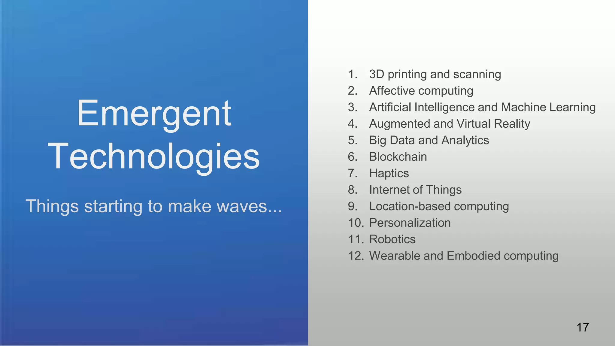 Emergent
Technologies
Things starting to make waves...
1. 3D printing and scanning
2. Affective computing
3. Artificial Intelligence and Machine Learning
4. Augmented and Virtual Reality
5. Big Data and Analytics
6. Blockchain
7. Haptics
8. Internet of Things
9. Location-based computing
10. Personalization
11. Robotics
12. Wearable and Embodied computing
17
 