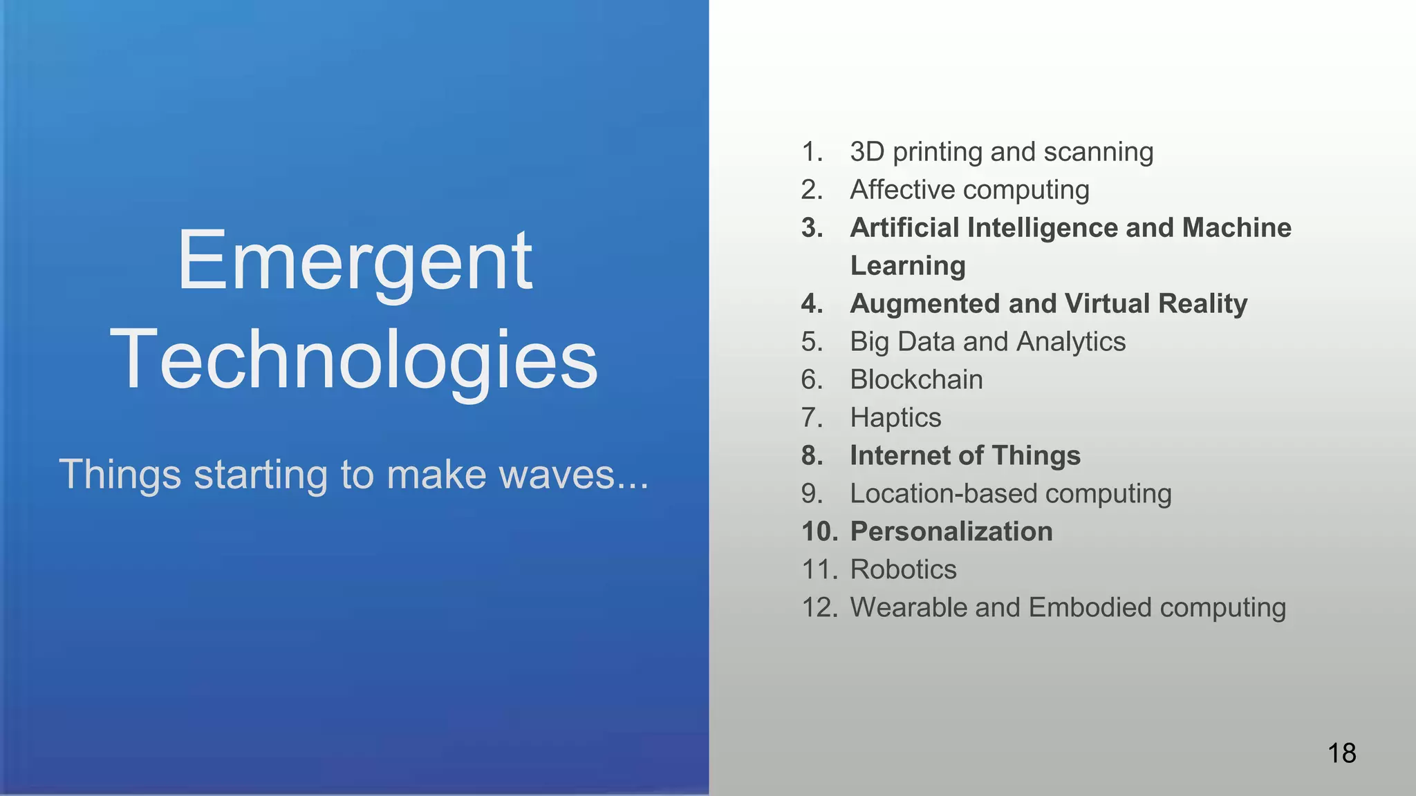 Emergent
Technologies
Things starting to make waves...
1. 3D printing and scanning
2. Affective computing
3. Artificial Intelligence and Machine
Learning
4. Augmented and Virtual Reality
5. Big Data and Analytics
6. Blockchain
7. Haptics
8. Internet of Things
9. Location-based computing
10. Personalization
11. Robotics
12. Wearable and Embodied computing
18
 