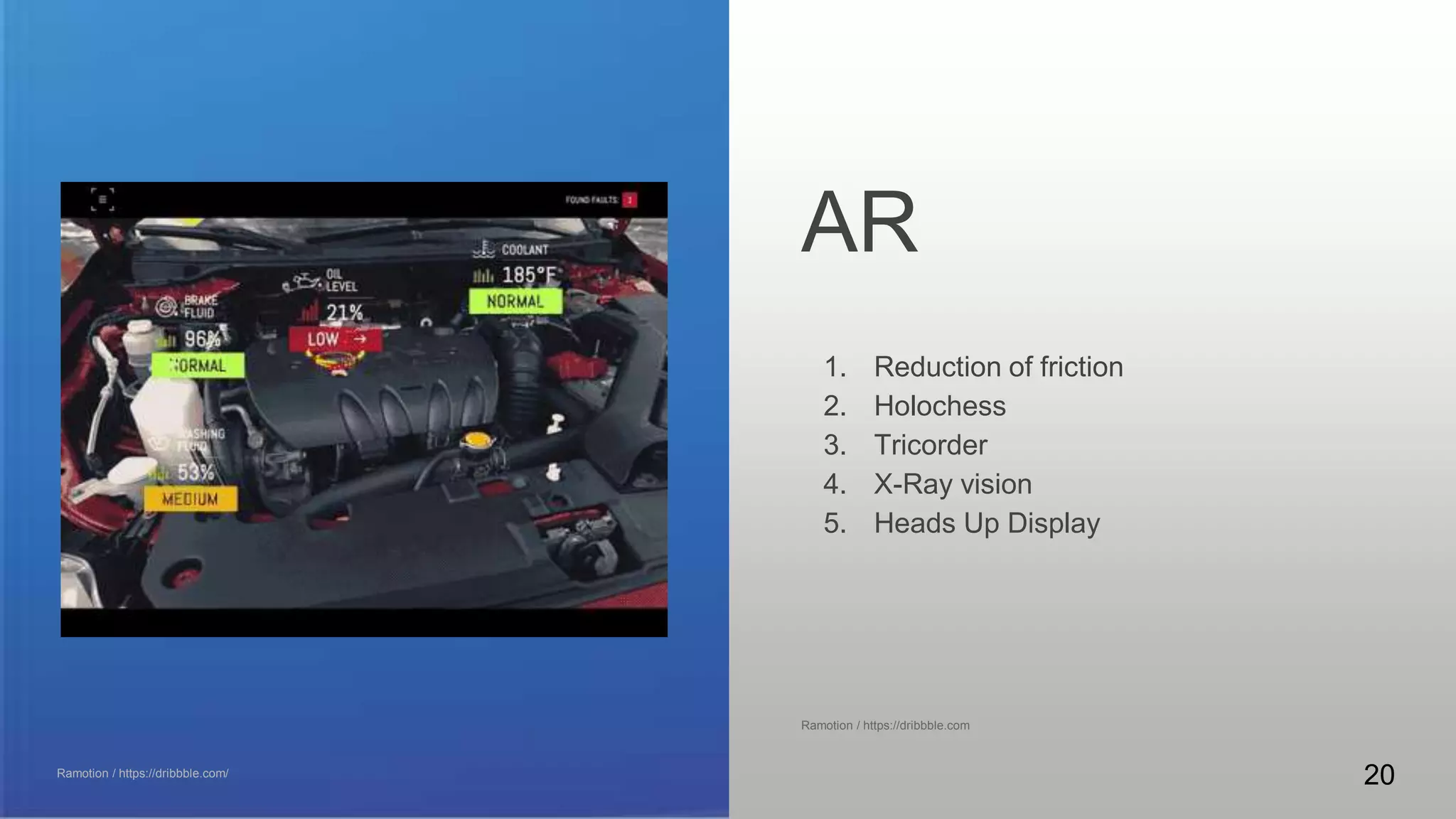 Some patterns to consider.
1. Reduction of friction
2. Holochess
3. Tricorder
4. X-Ray vision
5. Heads Up Display
Ramotion / https://dribbble.com
AR
Ramotion / https://dribbble.com/
20
 