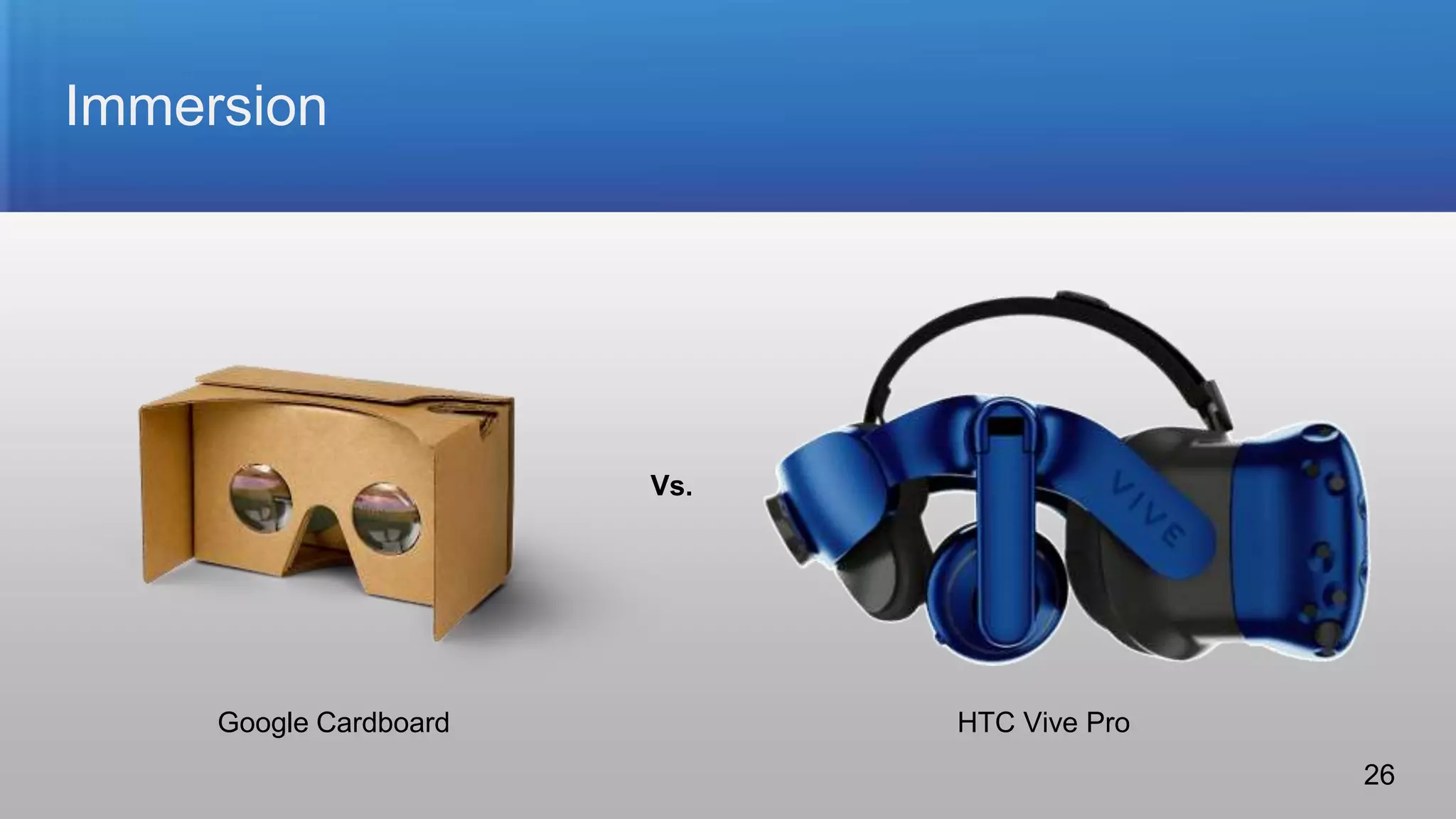 Immersion
Vs.
Google Cardboard HTC Vive Pro
26
 