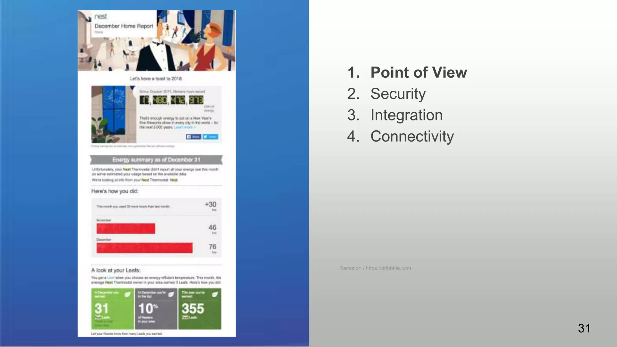 1. Point of View
2. Security
3. Integration
4. Connectivity
Ramotion / https://dribbble.com
31
 