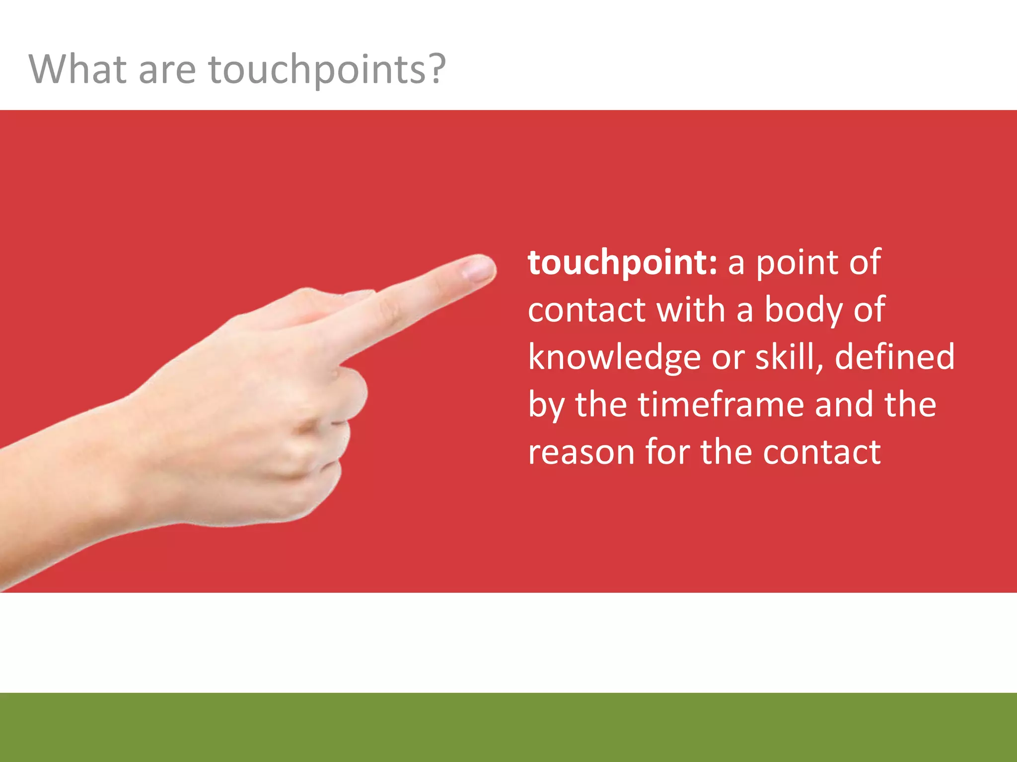What are touchpoints?



                        touchpoint: a point of
                        contact with a body of
                        knowledge or skill, defined
                        by the timeframe and the
                        reason for the contact
 