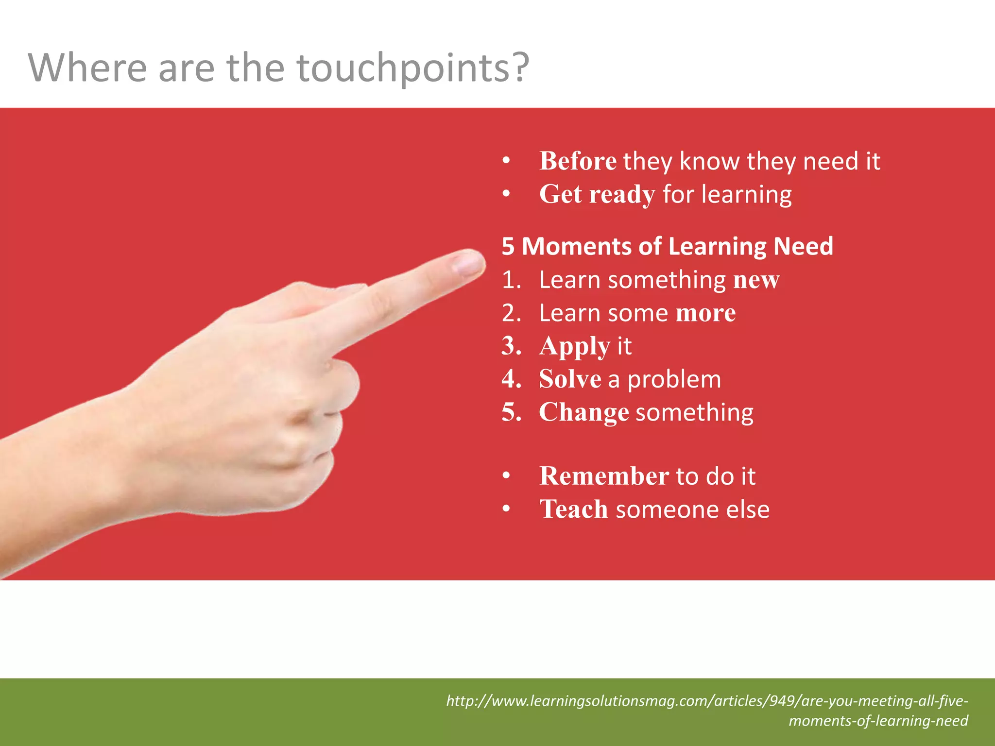 Where are the touchpoints?
                            •     Before they know they need it
                            •     Get ready for learning
                            5 Moments of Learning Need
                            1. Learn something new
                            2. Learn some more
                            3. Apply it
                            4. Solve a problem
                            5. Change something

                            •     Remember to do it
                            •     Teach someone else




                     http://www.learningsolutionsmag.com/articles/949/are-you-meeting-all-five-
                                                                    moments-of-learning-need
 