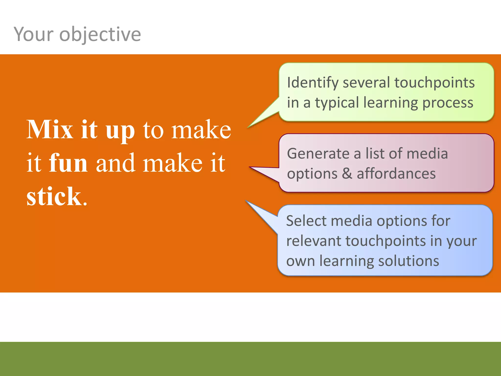 Your objective

                   Identify several touchpoints
                   in a typical learning process
 Mix it up to
 make it fun and   Generate a list of media
                   options & affordances
 make it stick.
                   Select media options for
                   relevant touchpoints in your
                   own learning solutions
 