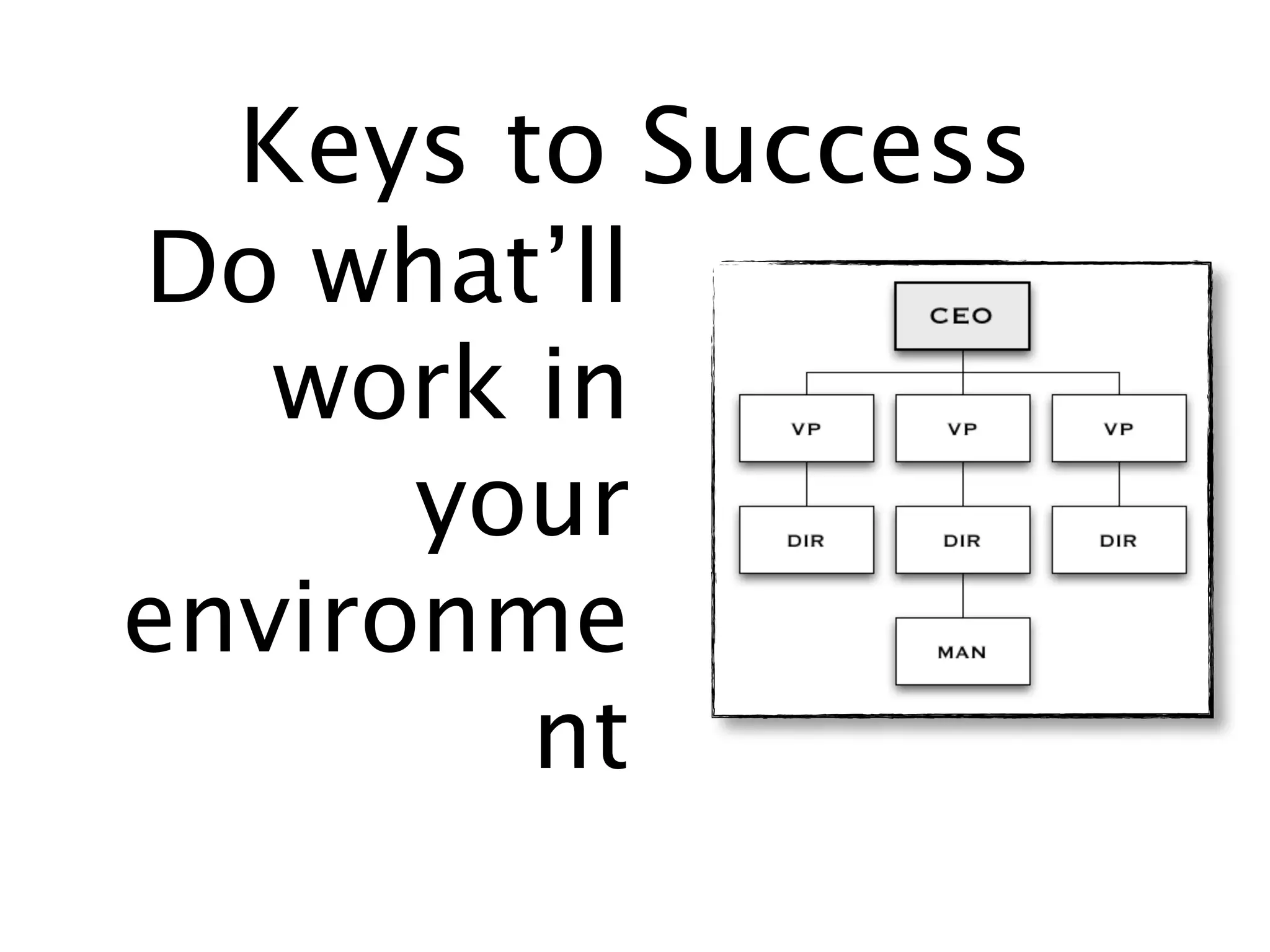 Keys to Success
Do what’ll
   work in
      your
environme
        nt
 