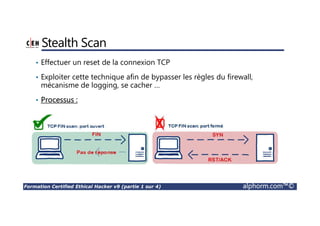 Formation Certified Ethical Hacker v9 (partie 1 sur 4) alphorm.com™©
Stealth Scan
• Effectuer un reset de la connexion TCP
• Exploiter cette technique afin de bypasser les règles du firewall,
mécanisme de logging, se cacher …
• Processus :
 
