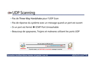 Formation Certified Ethical Hacker v9 (partie 1 sur 4) alphorm.com™©
UDP Scanning
• Pas de Three-Way Handshake pour l’UDP Scan
• Pas de réponse du système avec un message quand un port est ouvert
• Si un port est fermé ICMP Port Unreashable
• Beaucoup de spaywares, Trojans et malwares utilisent les ports UDP
Are you open on UPD port 29 ?
If portis closed , an ICMP PORT unreachable message is received
Attacker server
X
No response if port is open
 