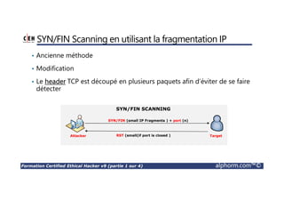 Formation Certified Ethical Hacker v9 (partie 1 sur 4) alphorm.com™©
SYN/FIN Scanning en utilisant la fragmentation IP
• Ancienne méthode
• Modification
• Le header TCP est découpé en plusieurs paquets afin d’éviter de se faire
détecter
TargetAttacker
SYN/FIN (small IP Fragments ) + port (n)
RST (small(if port is closed )
SYN/FIN SCANNING
 