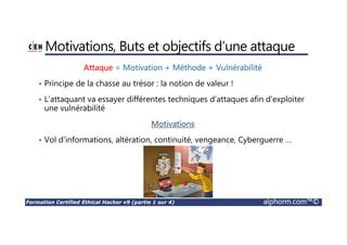 Formation Certified Ethical Hacker v9 (partie 1 sur 4) alphorm.com™©
Motivations, Buts et objectifs d’une attaque
Attaque = Motivation + Méthode + Vulnérabilité
• Principe de la chasse au trésor : la notion de valeur !
• L’attaquant va essayer différentes techniques d’attaques afin d’exploiter
une vulnérabilité
Motivations
• Vol d’informations, altération, continuité, vengeance, Cyberguerre …
 