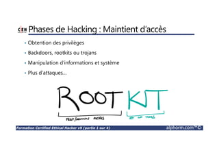 Formation Certified Ethical Hacker v9 (partie 1 sur 4) alphorm.com™©
Phases de Hacking : Maintient d’accès
• Obtention des privilèges
• Backdoors, rootkits ou trojans
• Manipulation d’informations et système
• Plus d’attaques…
 