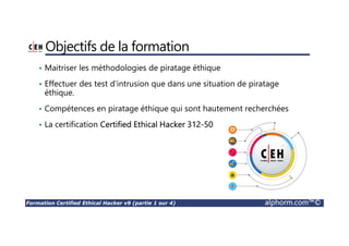 Formation Certified Ethical Hacker v9 (partie 1 sur 4) alphorm.com™©
Objectifs de la formation
• Maitriser les méthodologies de piratage éthique
• Effectuer des test d'intrusion que dans une situation de piratage
éthique.
• Compétences en piratage éthique qui sont hautement recherchées
• La certification Certified Ethical Hacker 312-50
 