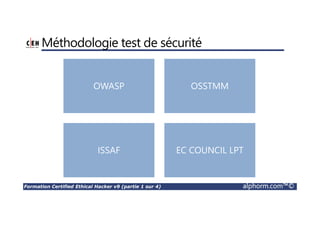 Formation Certified Ethical Hacker v9 (partie 1 sur 4) alphorm.com™©
Méthodologie test de sécurité
OWASP OSSTMM
ISSAF EC COUNCIL LPT
 