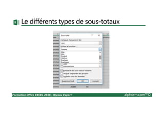 Formation Office EXCEL 2016 : Niveau Expert alphorm.com™©
Le différents types de sous-totaux
 