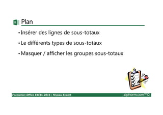 Formation Office EXCEL 2016 : Niveau Expert alphorm.com™©
Plan
•Insérer des lignes de sous-totaux
•Le différents types de sous-totaux
•Masquer / afficher les groupes sous-totaux
 