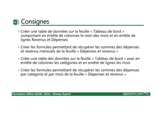 Formation Office EXCEL 2016 : Niveau Expert alphorm.com™©
Consignes
• Créer une table de données sur la feuille « Tableau de bord »
comportant en entête de colonnes le nom des mois et en entête de
lignes Revenus et Dépenses
• Créer les formules permettant de récupérer les sommes des dépenses
et revenus mensuels de la feuille « Dépenses et revenus »
• Créer une table des données sur la feuille « Tableau de bord » avec en
entête de colonnes les catégories et en entête de lignes les mois
• Créer les formules permettant de récupérer les sommes des dépenses
par catégorie et par mois de la feuille « Dépenses et revenus »
 