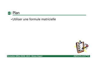 Formation Office EXCEL 2016 : Niveau Expert alphorm.com™©
Plan
•Utiliser une formule matricielle
 