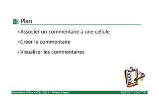Formation Office EXCEL 2016 : Niveau Expert alphorm.com™©
Plan
•Associer un commentaire à une cellule
•Créer le commentaire
•Visualiser les commentaires
 