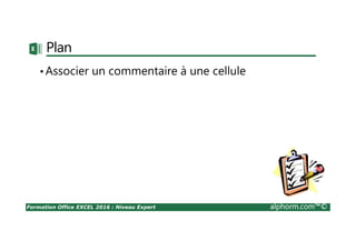 Formation Office EXCEL 2016 : Niveau Expert alphorm.com™©
Plan
•Associer un commentaire à une cellule
 