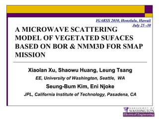 A MICROWAVE SCATTERING MODEL OF VEGETATED SUFACES BASED ON BOR & NMM3D FOR SMAP MISSION XiaolanXu, Shaowu Huang, Leung Tsang EE, University of Washington, Seattle,  WA Seung-Bum Kim, EniNjoke JPL, California Institute of Technology, Pasadena, CA IGARSS 2010, Honolulu, Hawaii July 25 -30 