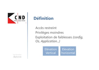Une formation
Définition
Accès restreint
Privilèges moindres
Exploitation de faiblesses (config,
Os, Application...)
Elévation
Vertical
Elevation
horizontal
 