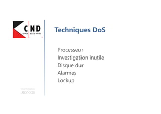 Une formation
Techniques DoS
Processeur
Investigation inutile
Disque dur
Alarmes
Lockup
 