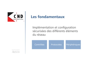 Une formation
Les fondamentaux
Implémentation et configuration
sécurisées des différents éléments
du réseau
Contrôles Protocoles Périphériques
 
