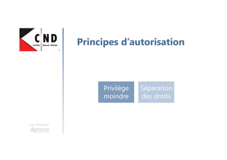 Une formation
Principes d’autorisation
Privilège
moindre
Séparation
des droits
 