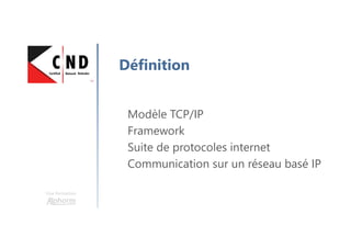 Une formation
Définition
Modèle TCP/IP
Framework
Suite de protocoles internet
Communication sur un réseau basé IP
 