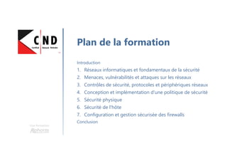 Une formation
Plan de la formation
Introduction
1. Réseaux informatiques et fondamentaux de la sécurité
2. Menaces, vulnérabilités et attaques sur les réseaux
3. Contrôles de sécurité, protocoles et périphériques réseaux
4. Conception et implémentation d'une politique de sécurité
5. Sécurité physique
6. Sécurité de l'hôte
7. Configuration et gestion sécurisée des firewalls
Conclusion
 
