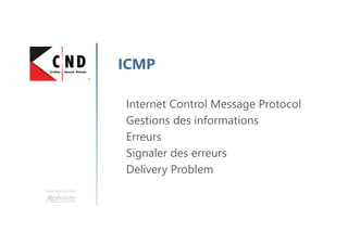 Une formation
ICMP
Internet Control Message Protocol
Gestions des informations
Erreurs
Signaler des erreurs
Delivery Problem
 