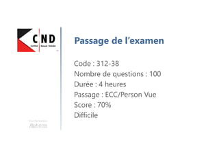 Une formation
Passage de l’examen
Code : 312-38
Nombre de questions : 100
Durée : 4 heures
Passage : ECC/Person Vue
Score : 70%
Difficile
 