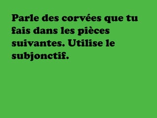 Parle des corvées que tu
fais dans les pièces
suivantes. Utilise le
subjonctif.