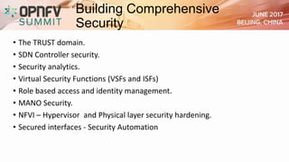 • The TRUST domain.
• SDN Controller security.
• Security analytics.
• Virtual Security Functions (VSFs and ISFs)
• Role based access and identity management.
• MANO Security.
• NFVI – Hypervisor and Physical layer security hardening.
• Secured interfaces - Security Automation
Building Comprehensive
Security
 