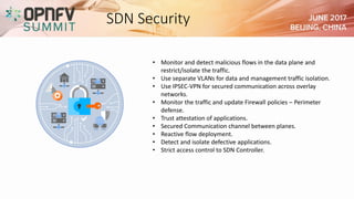 SDN Security
• Monitor and detect malicious flows in the data plane and
restrict/isolate the traffic.
• Use separate VLANs for data and management traffic isolation.
• Use IPSEC-VPN for secured communication across overlay
networks.
• Monitor the traffic and update Firewall policies – Perimeter
defense.
• Trust attestation of applications.
• Secured Communication channel between planes.
• Reactive flow deployment.
• Detect and isolate defective applications.
• Strict access control to SDN Controller.
 