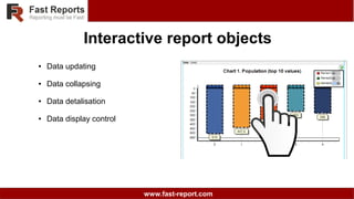 www.fast-report.com
Interactive report objects
● Data updating
● Data collapsing
● Data detalisation
● Data display control
 